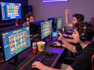 Friends enjoying a gaming night with exciting link gacor slot games on their screens.