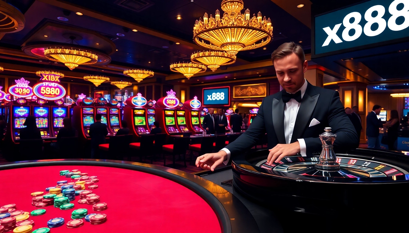 Exciting casino gaming scene showcasing xx88 with vibrant poker chips and an engaging roulette wheel.
