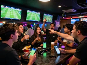 Kèo nhà cái 5 highlighted in an engaging sports betting scene with friends celebrating and watching matches.
