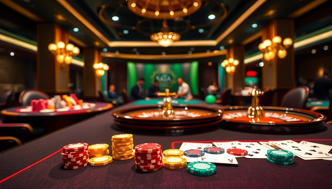 Experience raja luck at a vibrant casino with poker chips, roulette, and engaging players.