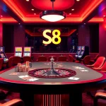 S8 online gambling scene featuring a vibrant casino atmosphere with poker chips and a roulette wheel.