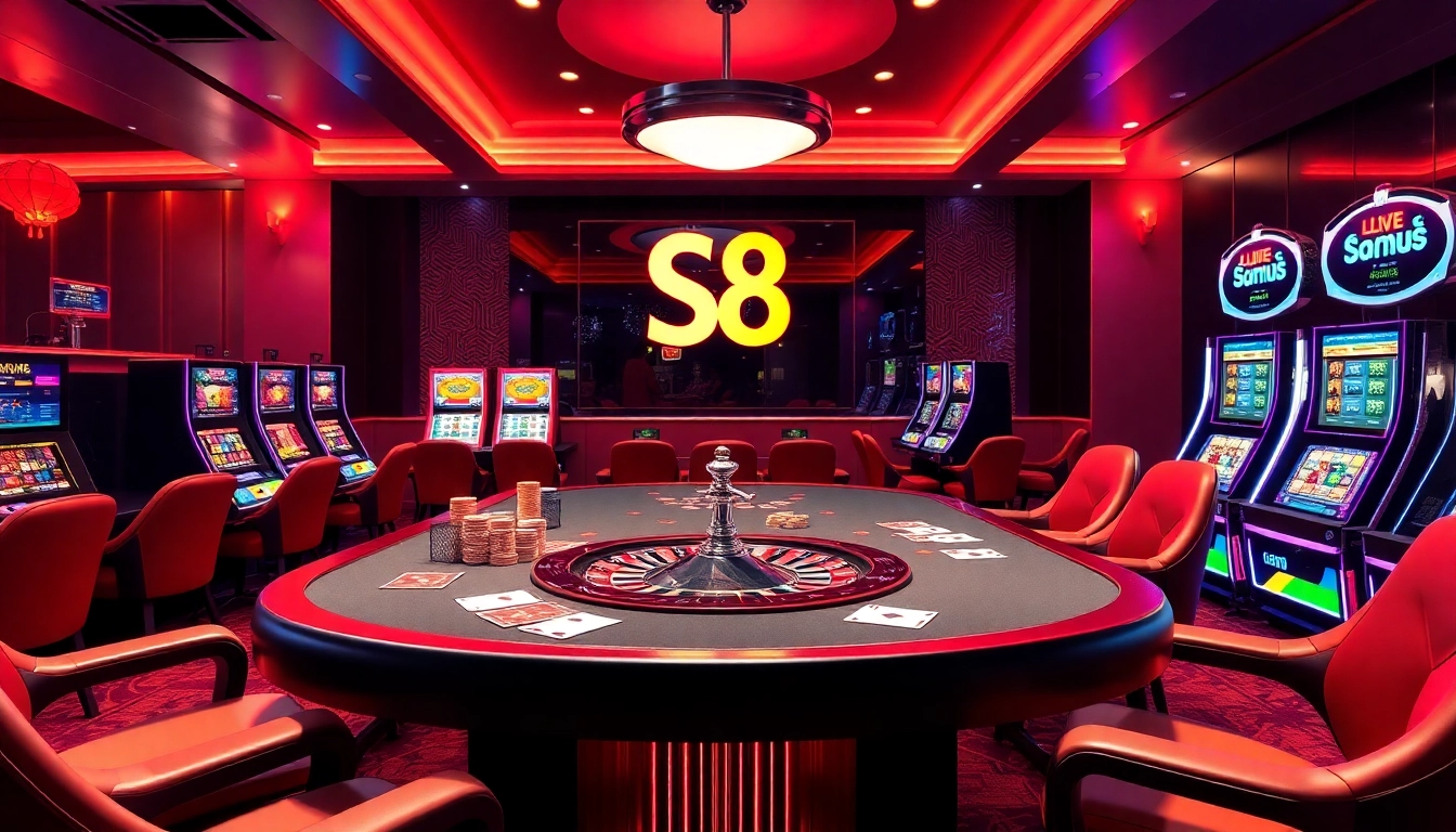 S8 online gambling scene featuring a vibrant casino atmosphere with poker chips and a roulette wheel.
