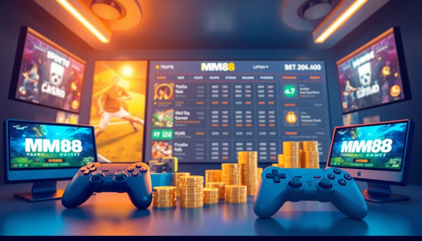 Exciting MM88 online gaming platform illustration showcasing interactive betting interface and gaming elements.