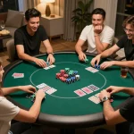 Friends enjoying poker night at home with 789 club chips and cards, showcasing strategic gameplay.