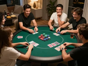 Friends enjoying poker night at home with 789 club chips and cards, showcasing strategic gameplay.