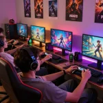 Players enjoying a porngame in a cozy gaming environment with animated characters and colorful decor.