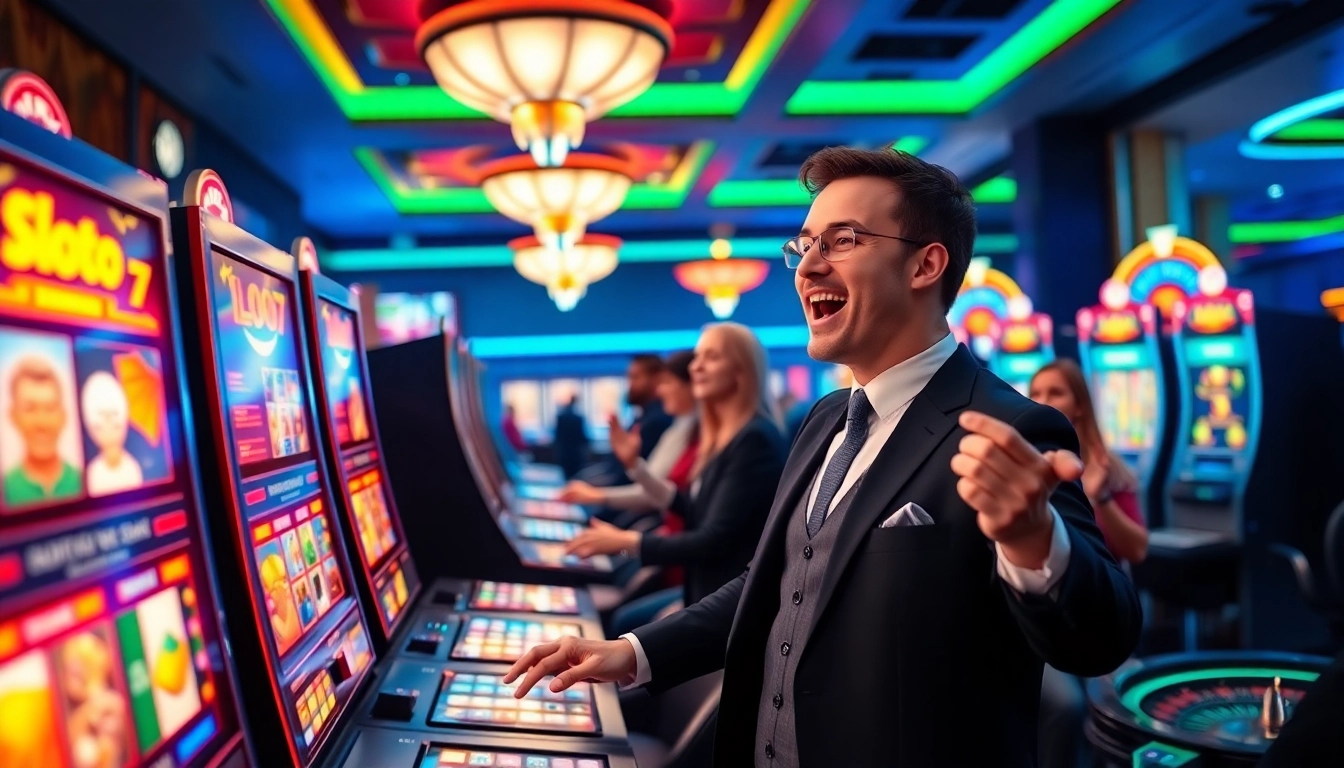 Gambler enjoying a vibrant gaming experience at slot777 machines in a luxurious casino.