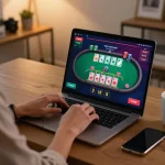 Engaging W69 online blackjack gaming session at home with laptop and betting strategy.