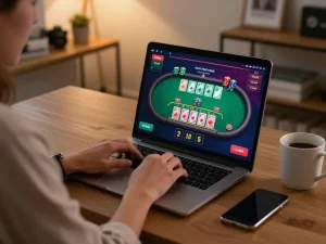 Engaging W69 online blackjack gaming session at home with laptop and betting strategy.