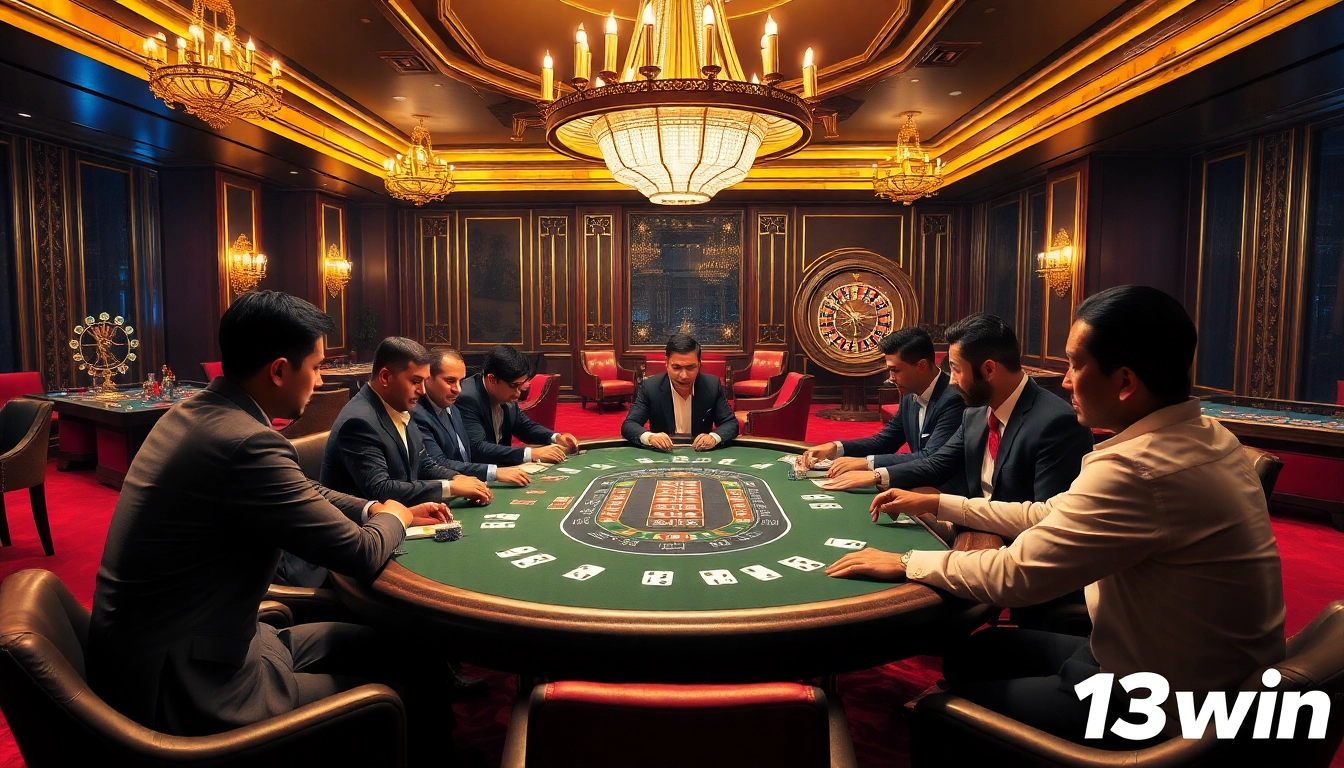 Players enjoy an exciting game at 13win's luxurious casino poker table with vibrant visuals.