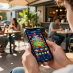 Player using the open88 mobile app at a café, showcasing engaging online casino games.