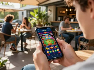 Player using the open88 mobile app at a café, showcasing engaging online casino games.