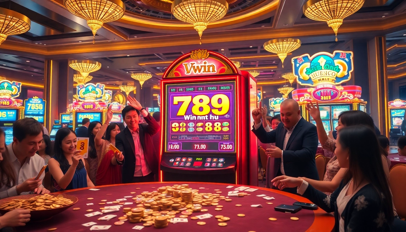 Excited players winning at the 789win nổ hũ slot machine in a luxurious casino.