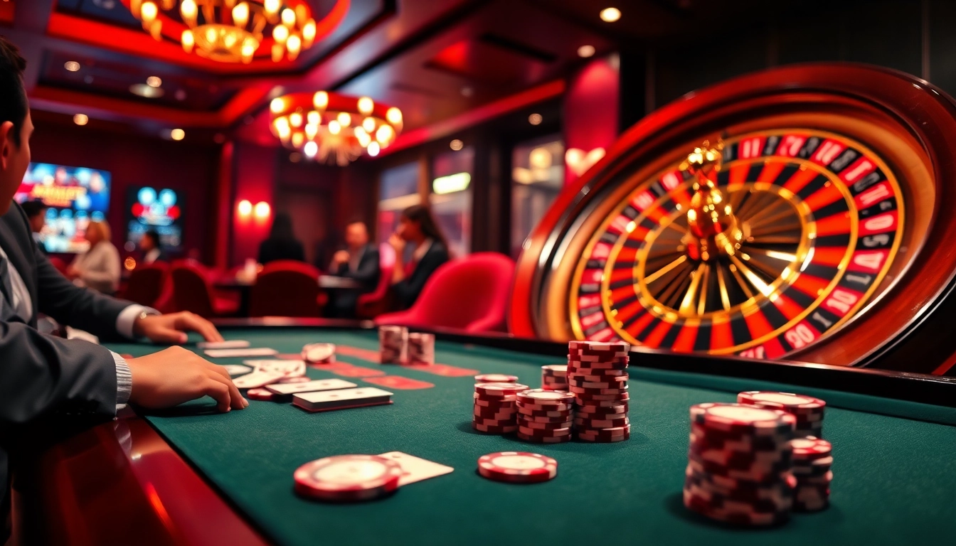 SBOBET link alternatif with players engaged at a high-stakes casino table featuring cards and chips.