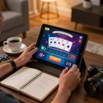 F8BET player enjoying live dealer action at home, tablet displaying engaging blackjack game, cozy setting.