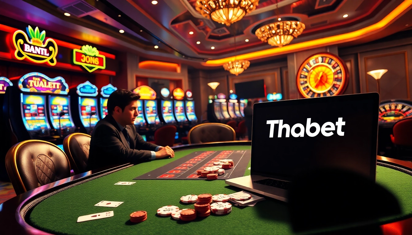 Thrilling scene at Thabet casino showcasing poker action with players, chips, and vibrant slot machines.