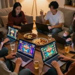 Peserta terlibat dalam permainan daring yang hidup dengan slot aman788 di laptop, menunjukkan suasana permainan yang dinamis.