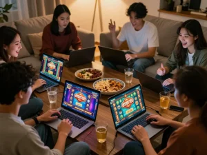 Peserta terlibat dalam permainan daring yang hidup dengan slot aman788 di laptop, menunjukkan suasana permainan yang dinamis.