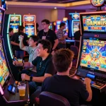Pemain menikmati mesin slot link di suasana kasino yang ramai dikelilingi oleh lampu dan kegembiraan.