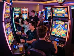 Pemain menikmati mesin slot link di suasana kasino yang ramai dikelilingi oleh lampu dan kegembiraan.