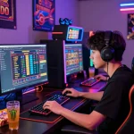 Suasana permainan yang intens menampilkan link gacor dengan pemain di tengah, lampu LED yang cerah, dan setup kompetitif.