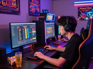 Suasana permainan yang intens menampilkan link gacor dengan pemain di tengah, lampu LED yang cerah, dan setup kompetitif.