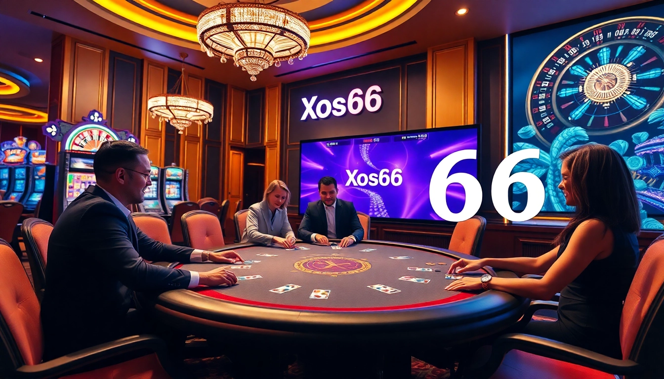 Players enjoying a poker game at Xoso66 casino, captured in a vibrant and luxurious setting.