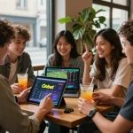 Engaging scene of friends using the Onbet app at a cafe, discussing sports betting strategies.