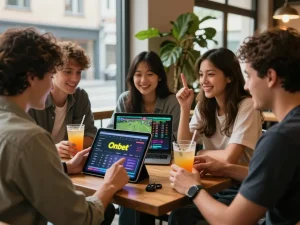 Engaging scene of friends using the Onbet app at a cafe, discussing sports betting strategies.