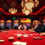 Experience the thrill of NEW88 at a luxurious casino table surrounded by players and vibrant lights.