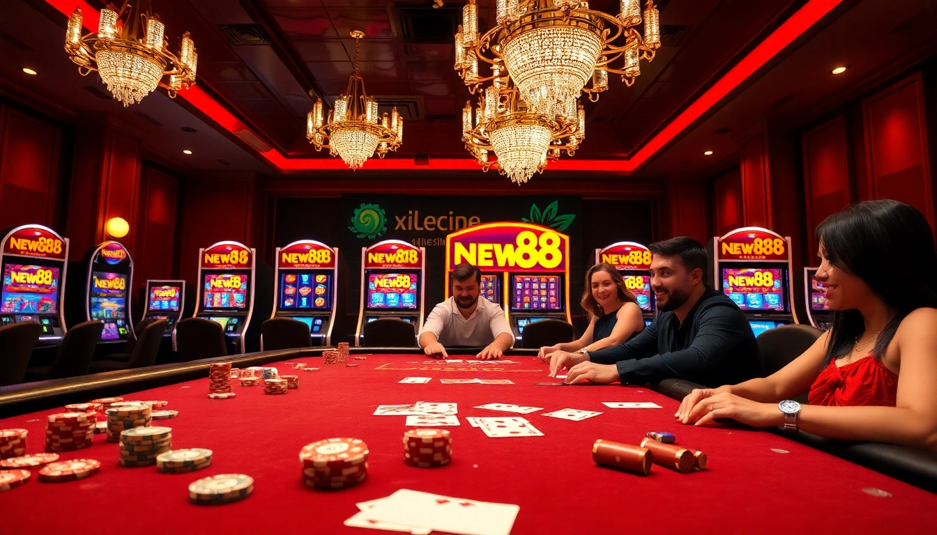 Experience the thrill of NEW88 at a luxurious casino table surrounded by players and vibrant lights.