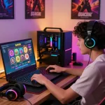 Pemain terlibat berinteraksi dengan slot online gacor di laptop gaming dalam pengaturan yang vibrant dan nyaman
