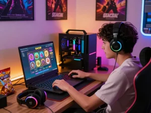 Pemain terlibat berinteraksi dengan slot online gacor di laptop gaming dalam pengaturan yang vibrant dan nyaman