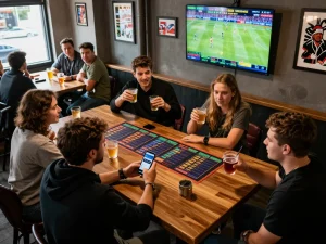 Excited friends engaging in a lively sports betting session at Goal123 with drinks and app interaction.