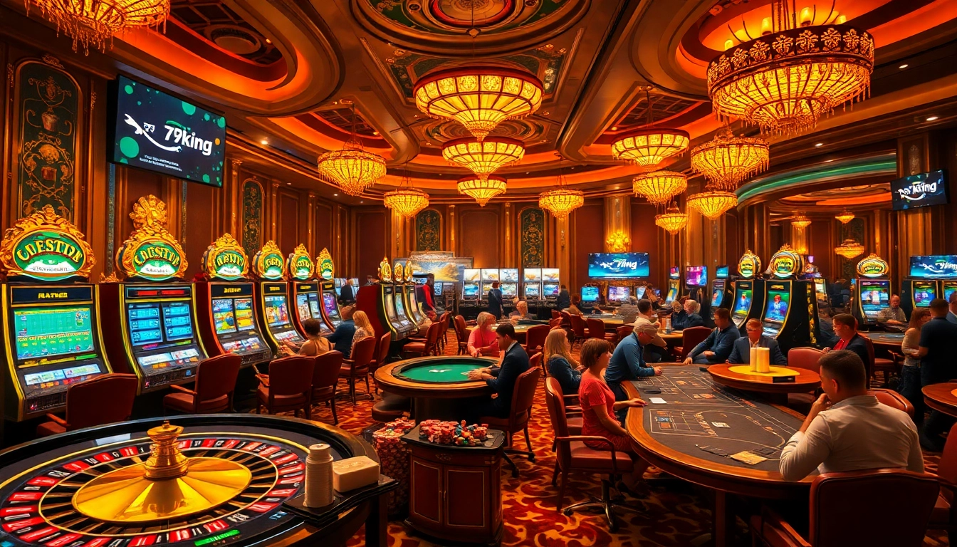 A thrilling gambling experience at 79king ogr casino, featuring vibrant slot machines and excited players.