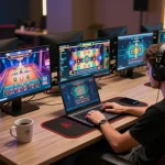 Engaging in F8BET live dealer game on a laptop, showcasing online gaming setup