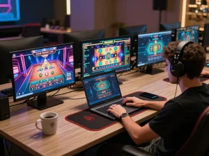 Engaging in F8BET live dealer game on a laptop, showcasing online gaming setup