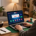 open88 player enjoying a thrilling poker game on laptop, surrounded by strategy notes.