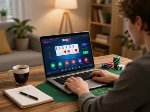 open88 player enjoying a thrilling poker game on laptop, surrounded by strategy notes.