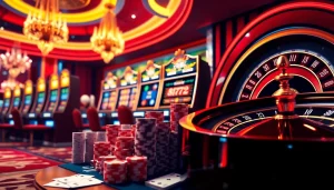 Antarmuka permainan yang cerah dari aman788 yang menampilkan mesin slot dan chip poker.