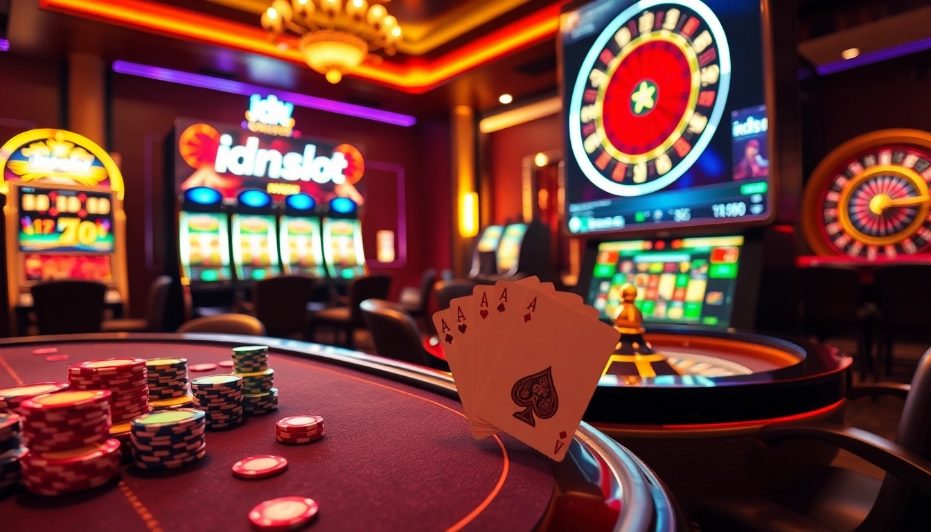 IDNSLOT casino scene featuring vibrant slot machines and poker chips in a luxurious setting.