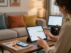 Person enjoying an nsfw chat on a tablet in a cozy living room.