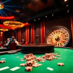 Exciting game bài đổi thưởng scene with poker tables and roulette wheel in a luxurious casino environment.