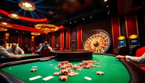 Exciting game bài đổi thưởng scene with poker tables and roulette wheel in a luxurious casino environment.