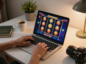 Pemain yang bermain slot online aman788 di laptop dalam suasana rumah yang nyaman, menunjukkan sensasi perjudian uang sungguhan.