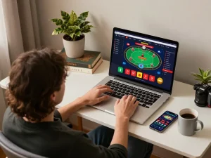 Engaging in online gambling at home, ATQ gaming setup showing poker interface and strategy notes.
