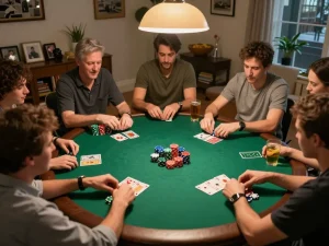 Friends enjoy a lively poker night at home, showcasing Jeetbuzz 88 gaming strategies.