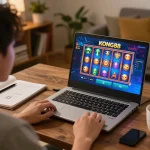 KONG88 online gaming interaction showcases exciting slot gameplay on a laptop in a cozy home setting