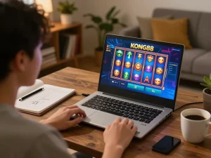 KONG88 online gaming interaction showcases exciting slot gameplay on a laptop in a cozy home setting