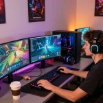 Installing Empire99 gaming platform in a vibrant, modern workspace with gaming gear and graphics.